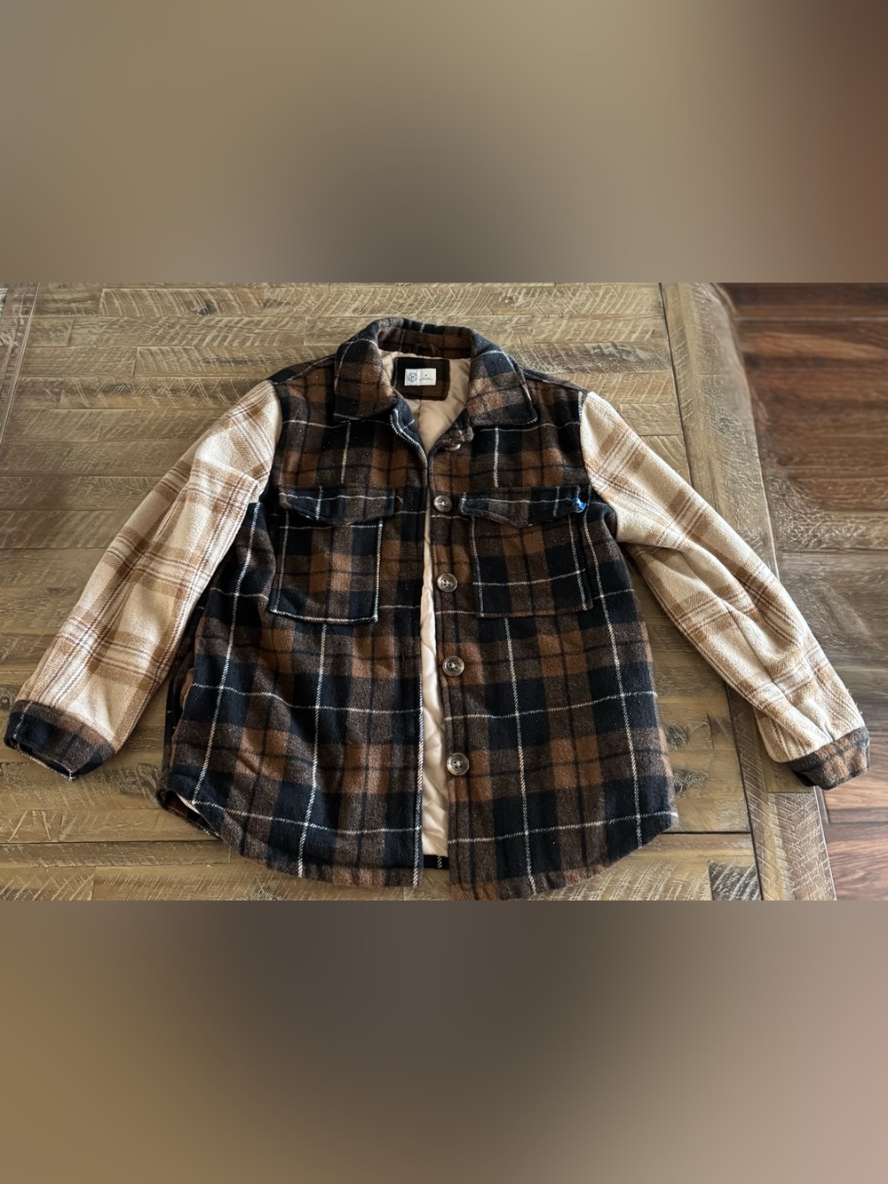 Hurley Two-Tone Plaid Shirt Jacket — Brown/Black/Cream
